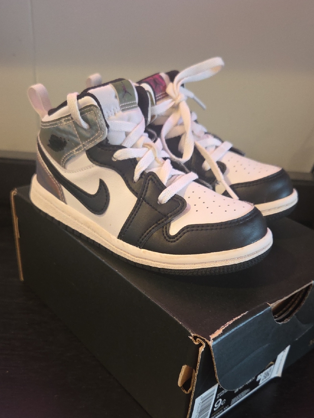 Nike Jordan 1 Mid Holographic Kids Black, White and Pink High-Top Sneakers